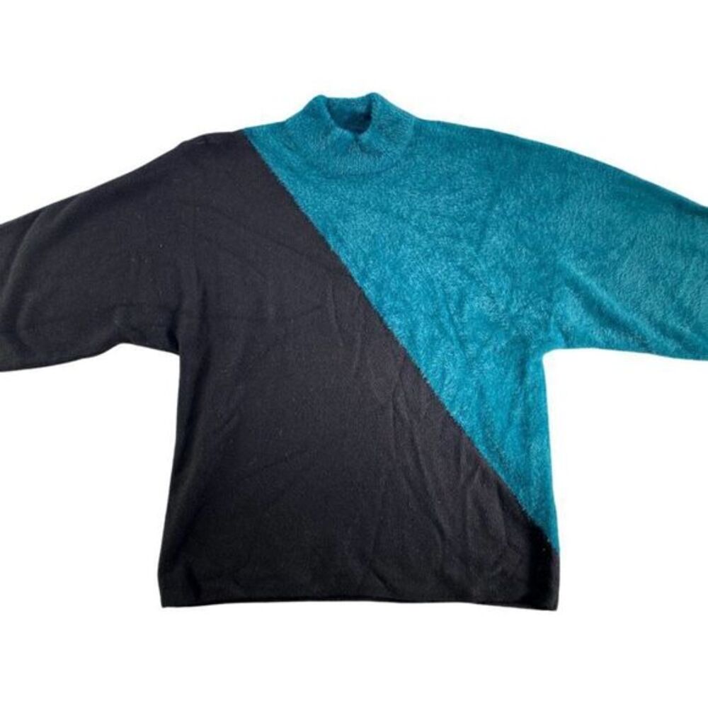 Alfani Sweater Top Small Teal Black Mock-Neck Mixed-Media Dolman NEW